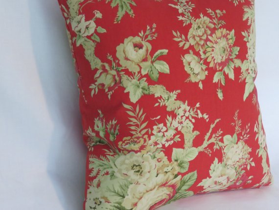Red rose floral pillow cover of Waverly Sanctuary rose fabric