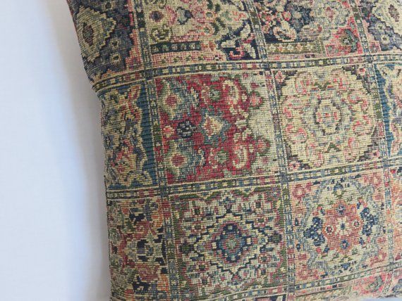 navy red tan chenille carpet tapestry pillow - vintage look