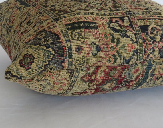 navy red tan chenille carpet tapestry pillow - vintage look