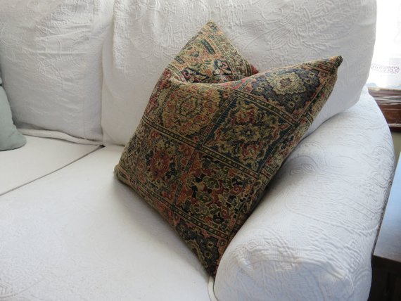 navy red tan chenille carpet tapestry pillow - vintage look