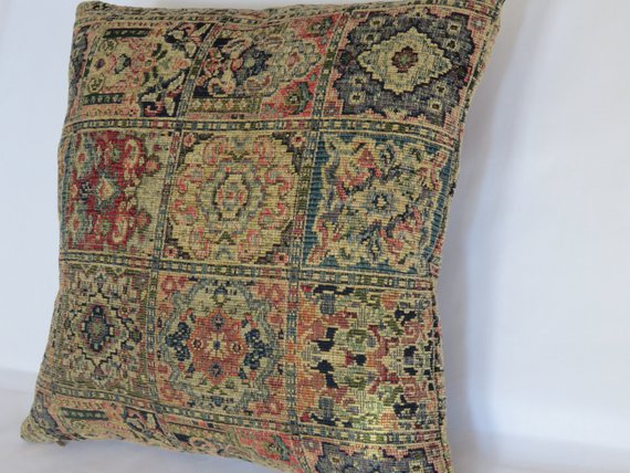 navy red tan chenille carpet tapestry pillow - vintage look