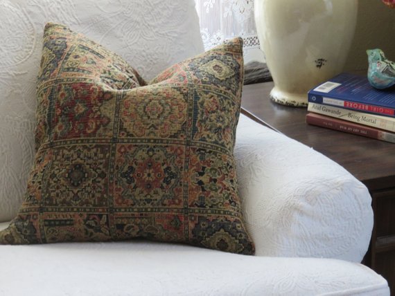 navy red tan chenille carpet tapestry pillow - vintage look