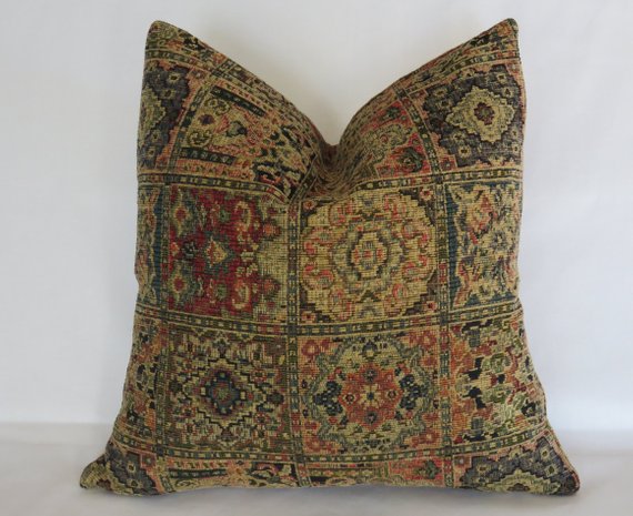 navy red tan chenille carpet tapestry pillow - vintage look