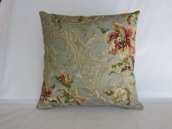 Spa blue distressed fresco floral with terracotta and burgundy