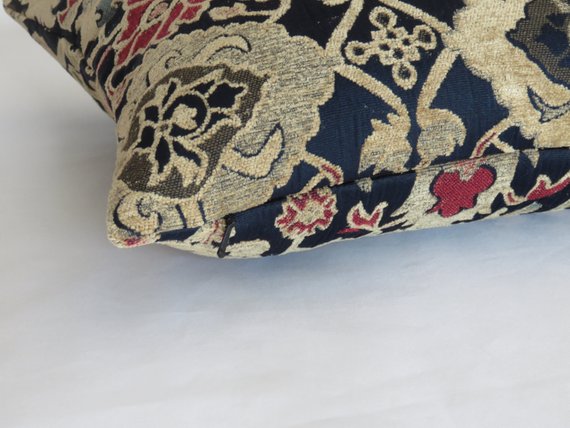 navy wine beige chenille brocade pillow - kilim carpet pattern