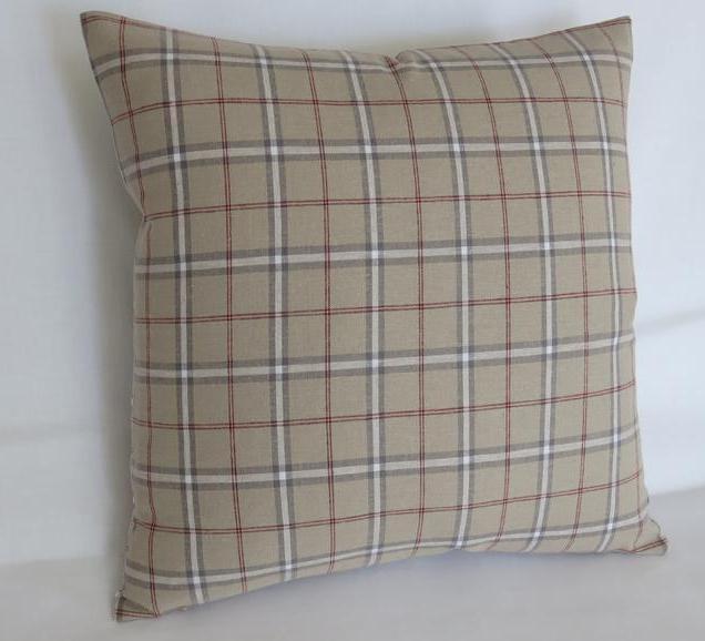 classic tan plaid pillow with red, cream, grey