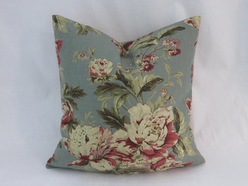 Teal & Maroon Floral Pillow Cover , Waverly Fleuretta Bayberry