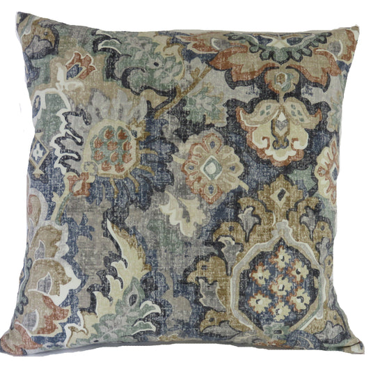 faded indigo medallion pillow cover with gold, tan, aqua, terracotta colors