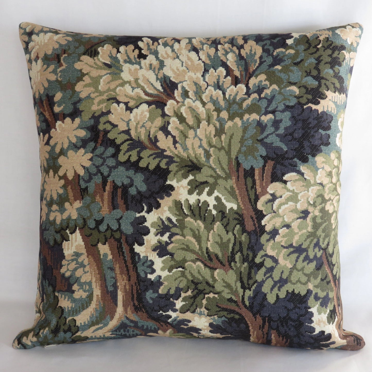 trees and leaves print pillow cover green blue brown tones