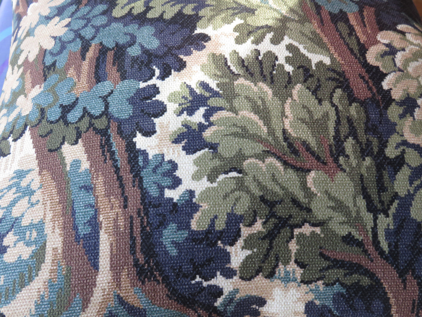 trees and leaves print pillow cover green blue brown tones