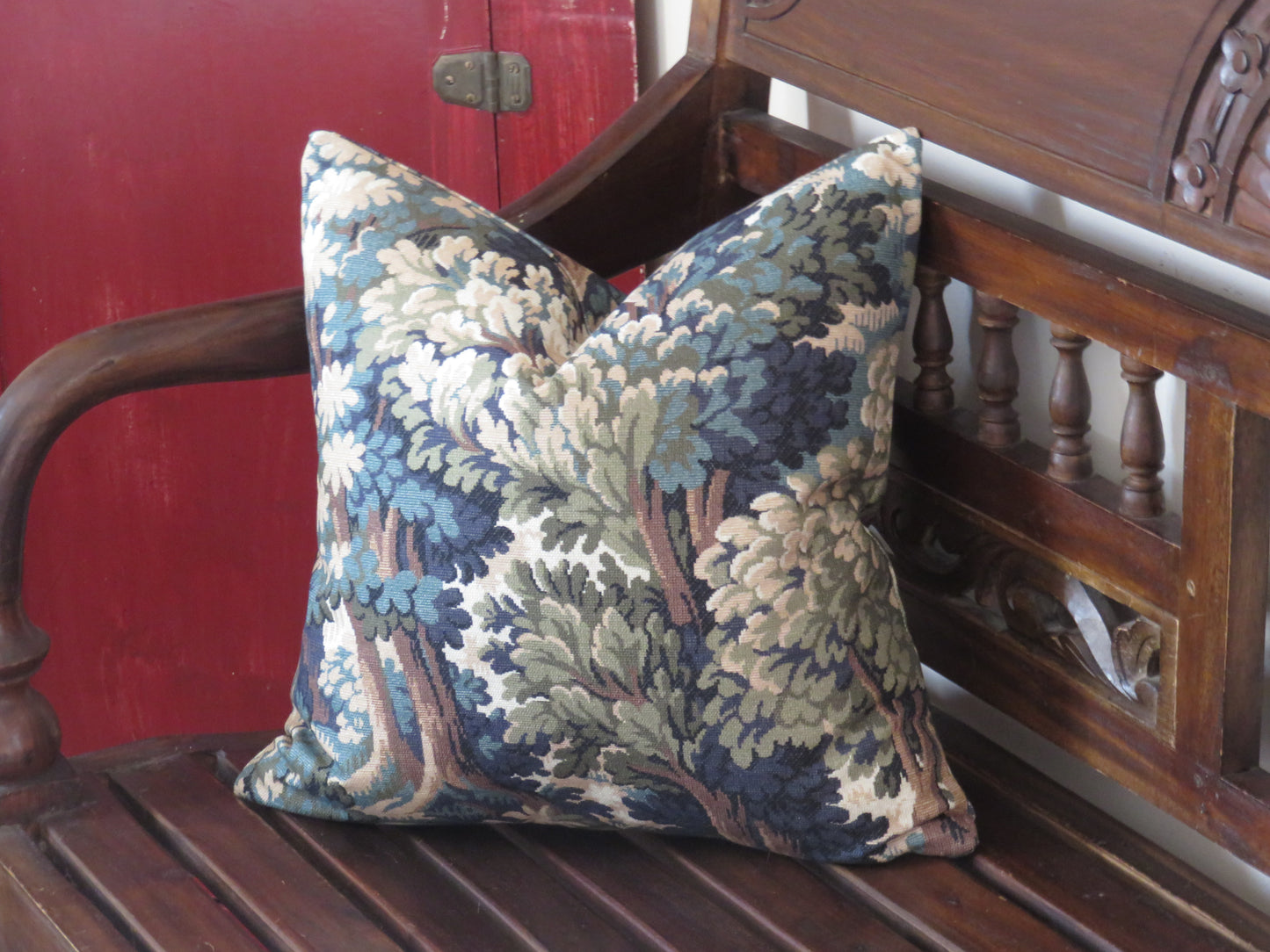 trees and leaves print pillow cover green blue brown tones