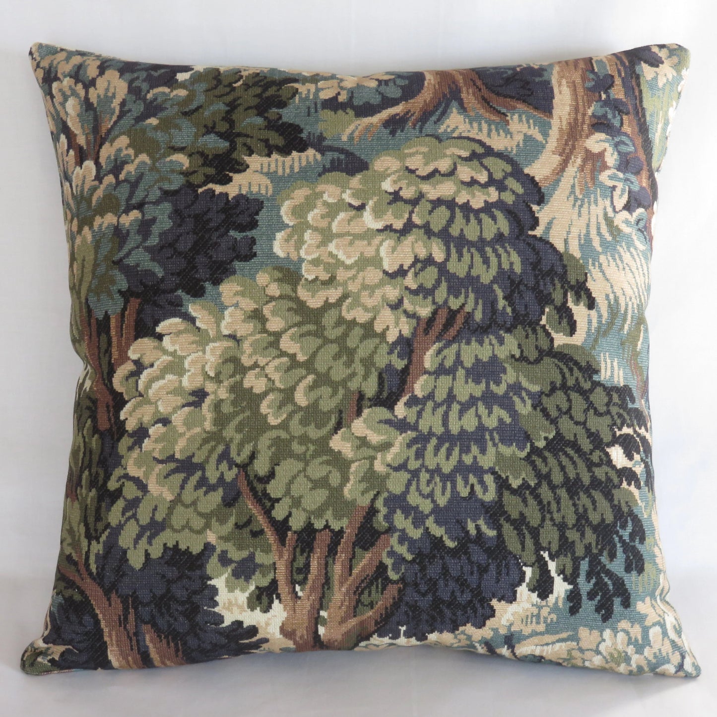 trees and leaves print pillow cover green blue brown tones