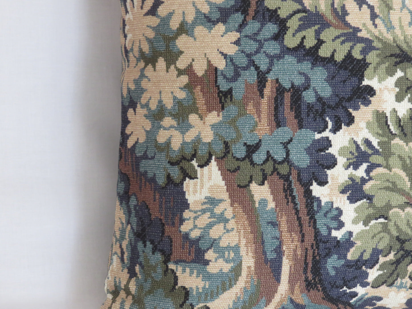trees and leaves print pillow cover green blue brown tones