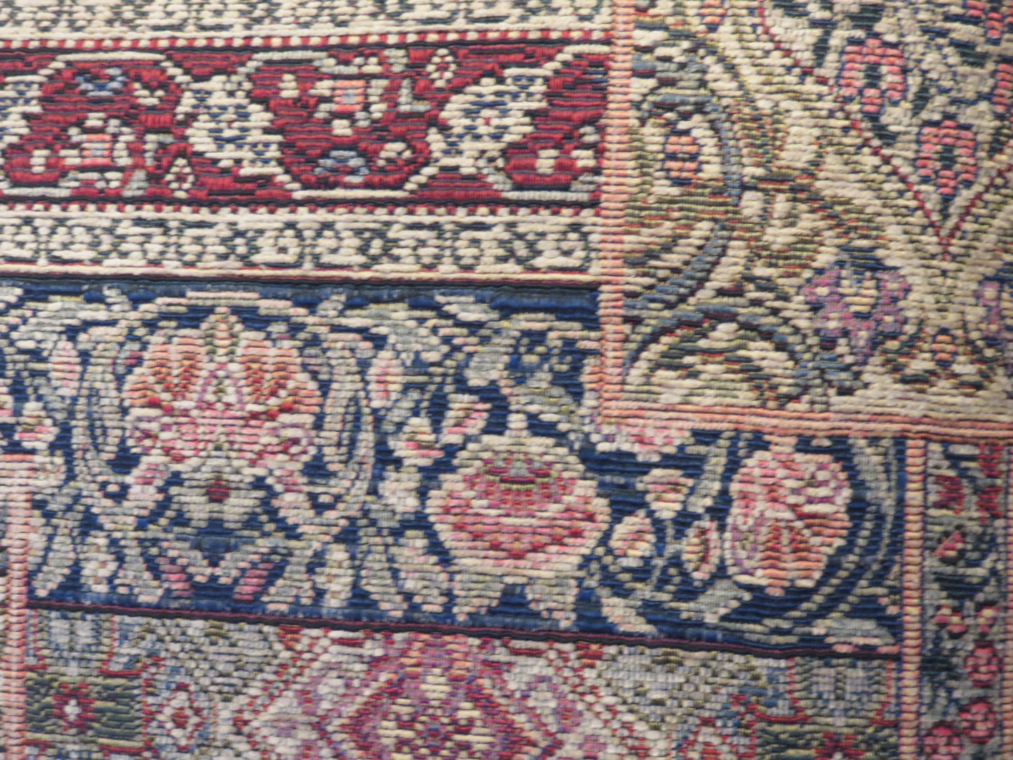 carpet style tapestry chenille pillow cover in tan, green, red, peach, navy blue