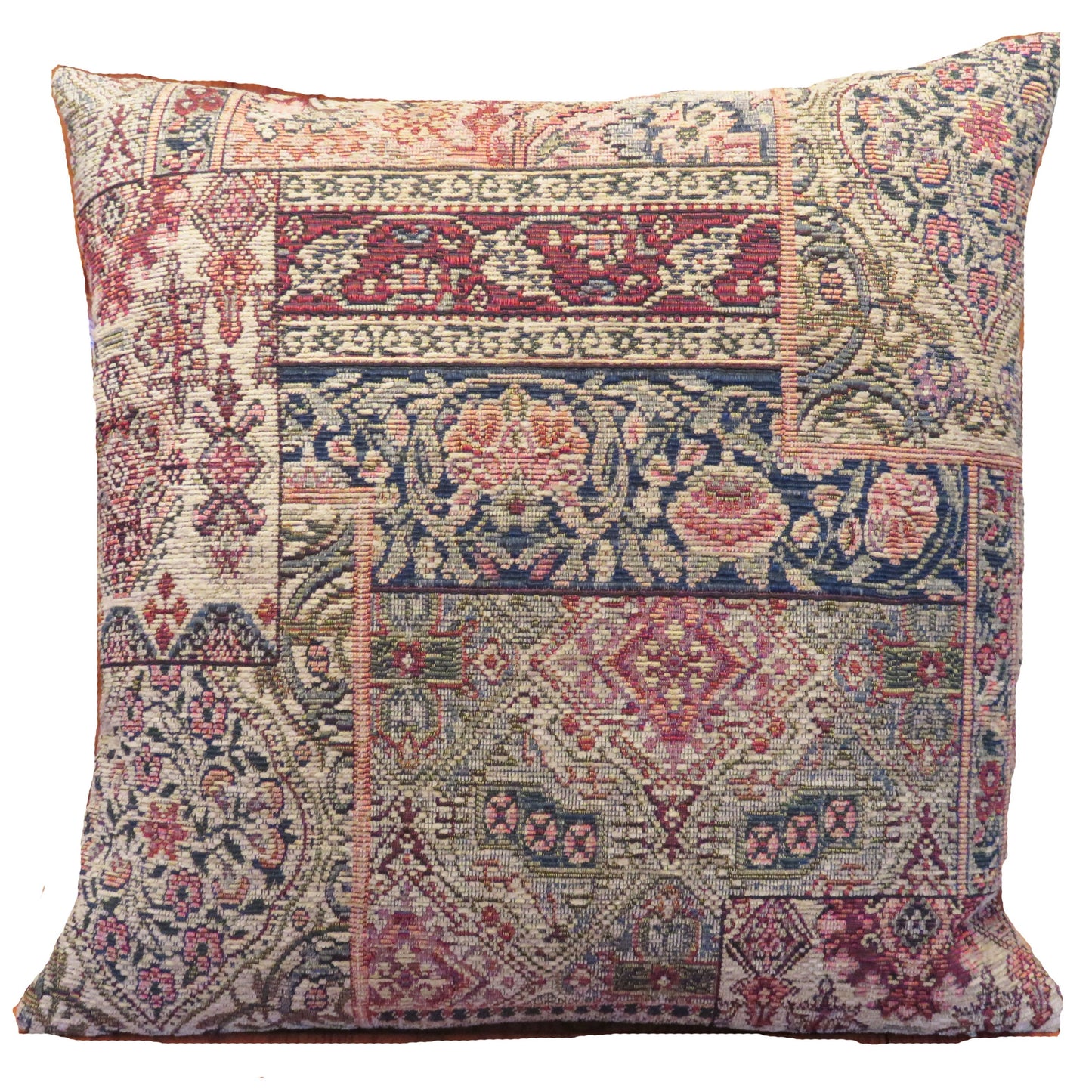 carpet style tapestry chenille pillow cover in tan, green, red, peach, navy blue