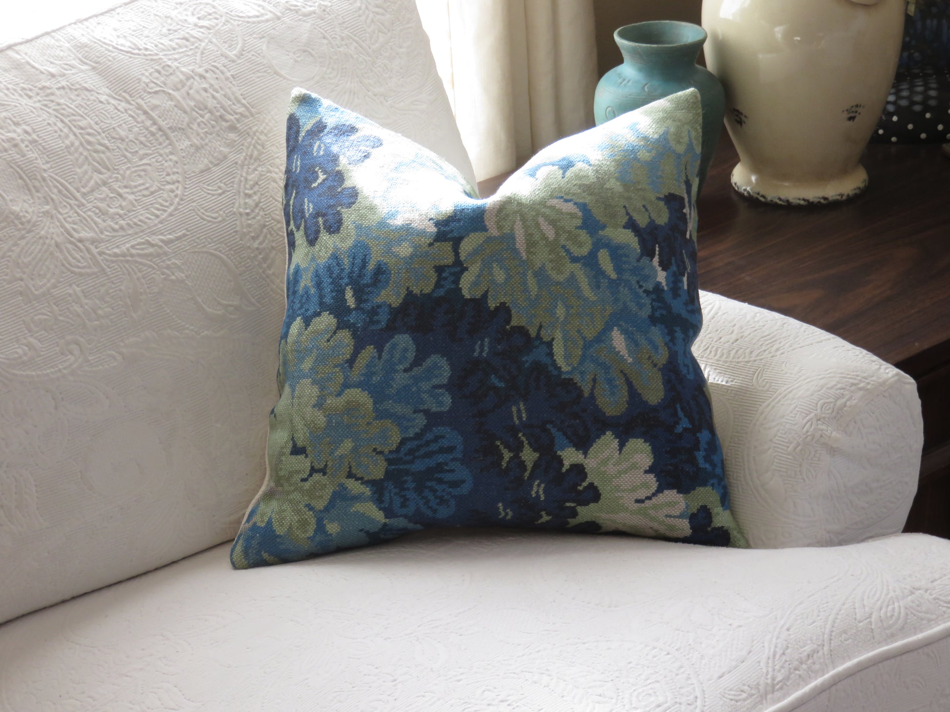 richmond blue pillow cover made from cowtan tout linen fabric