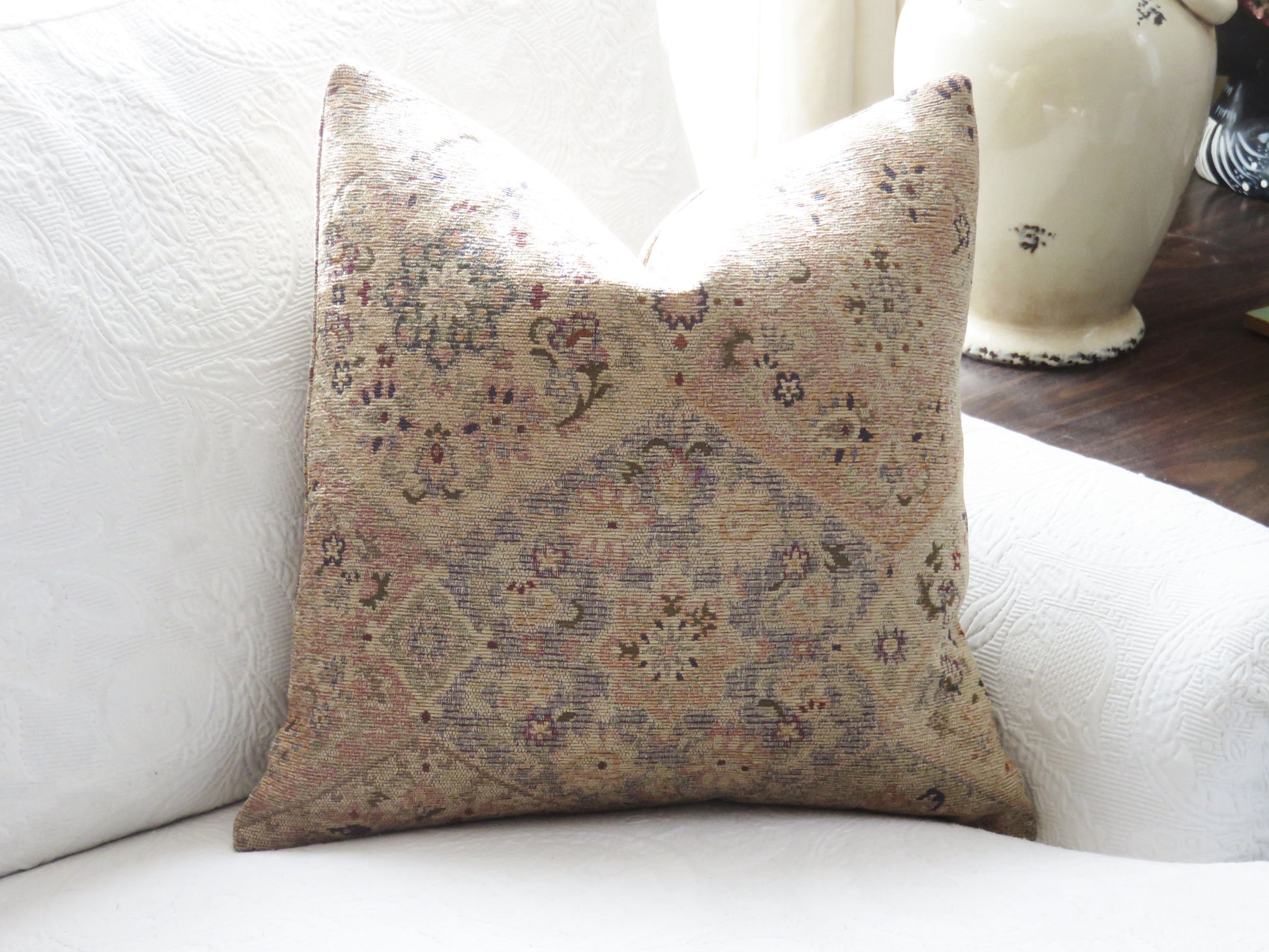 Faded carpet style pillow cover in pale blush, grey, and gold - floral ogee motif