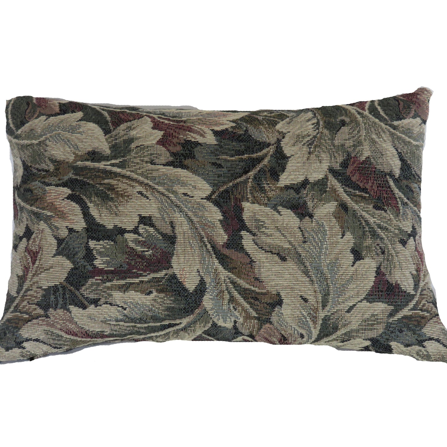 Lumbar shaped 11x17" pillow cover created from a vitage looking cotton tapestry upholstery fabric.  Acanthus leaf motif in shades of green, cream, and burgundy.