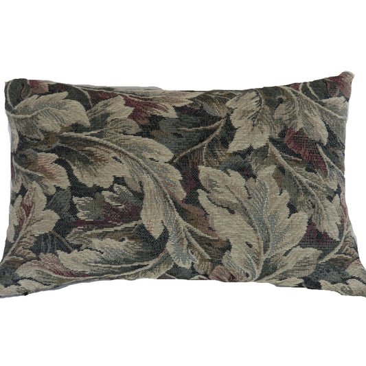 Lumbar shaped 11x17" pillow cover created from a vitage looking cotton tapestry upholstery fabric.  Acanthus leaf motif in shades of green, cream, and burgundy.