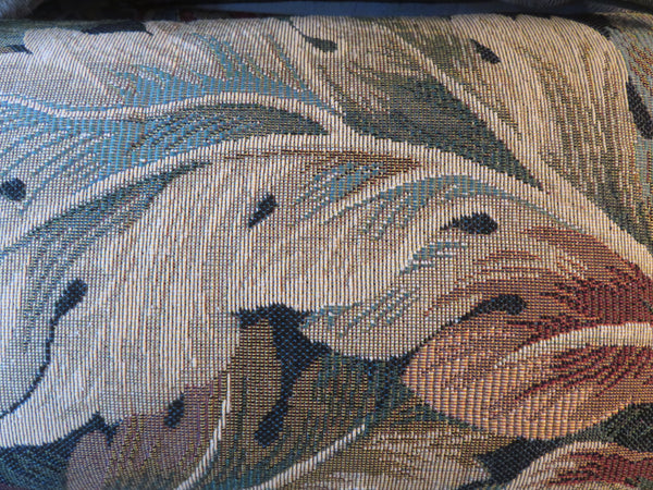 acanthus leaf tapestry pillow cover with a deep teal velvet backing, 11x19" lumbar shape, beautiful large-scale verdure upholstery fragment
