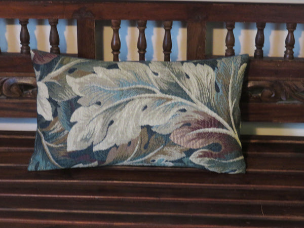 acanthus leaf tapestry pillow cover with a deep teal velvet backing, 11x19" lumbar shape, beautiful large-scale verdure upholstery fragment