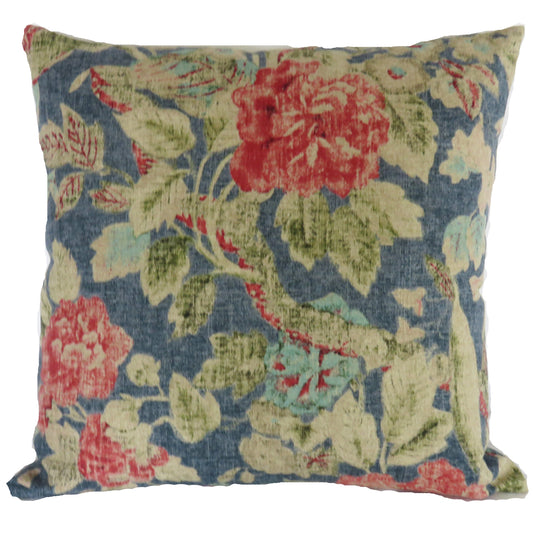 Blue Floral Pillow Cover, Waverly Afterglow in INdigo, with Red and Pink