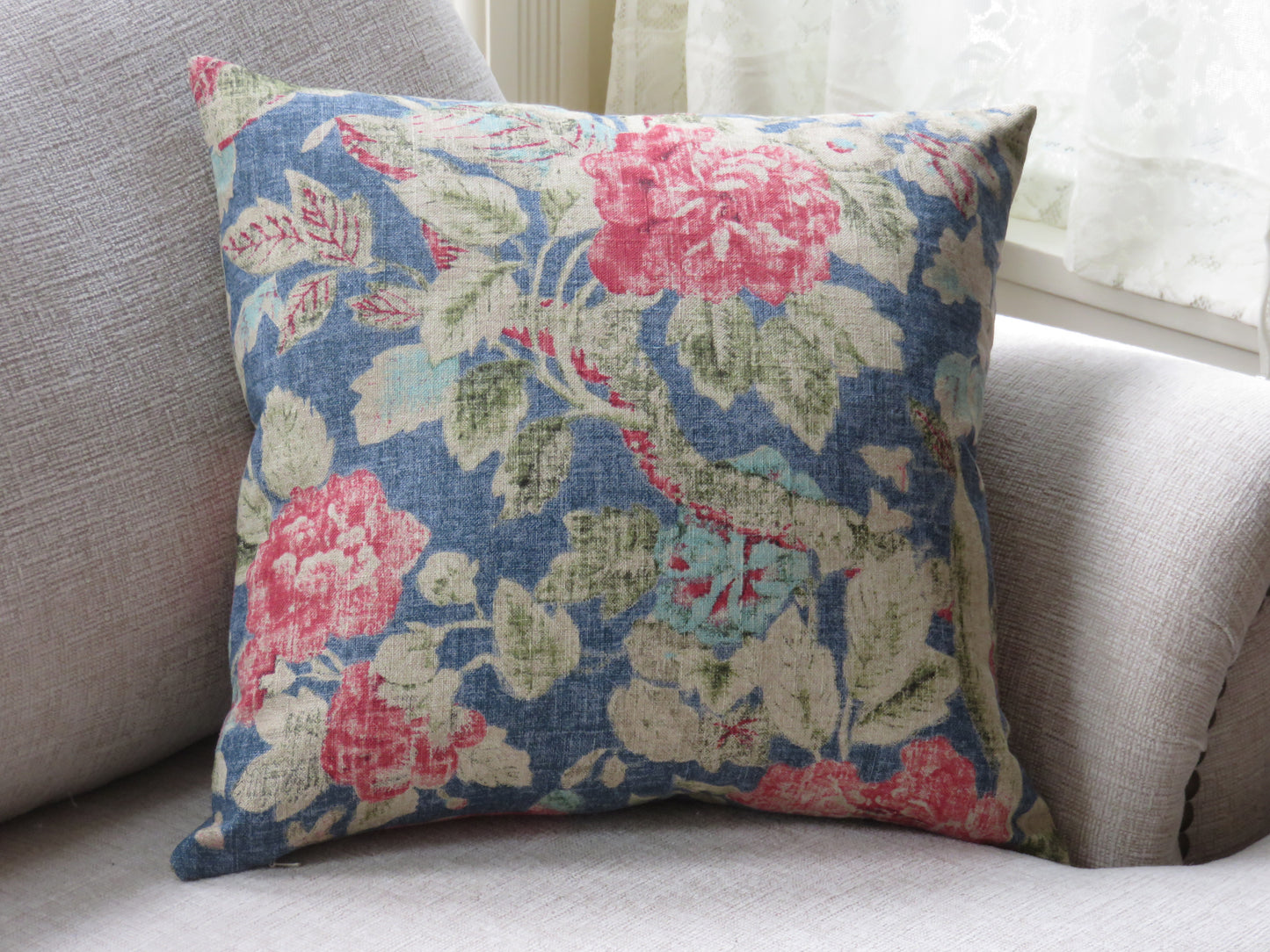 Blue Floral Pillow Cover, Waverly Afterglow in INdigo, with Red and Pink
