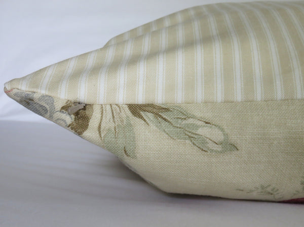 21 inch floral pillow cover made from Ralph Lauren Angela fabric, backed with beige ticking stripe