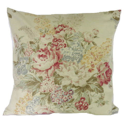 21 inch floral pillow cover made from Ralph Lauren Angela fabric, backed with beige ticking stripe