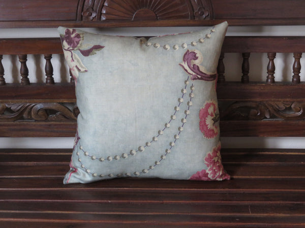pink purple aqua floral pillow cover made from a linen print with a fresco trompe l oeil effect
