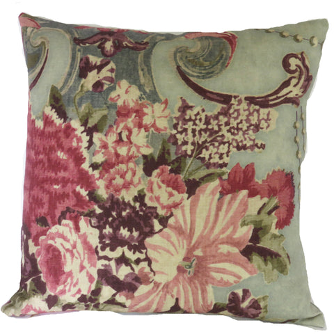 pink purple aqua floral pillow cover made from a linen print with a fresco trompe l oeil effect