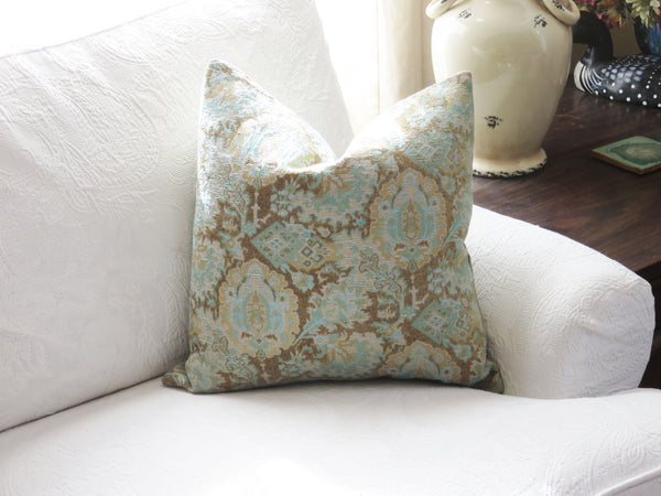 aqua and gold floral medallion pillow cover