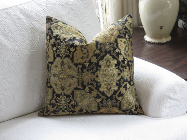 black and gold brocade kilim motif pillow cover