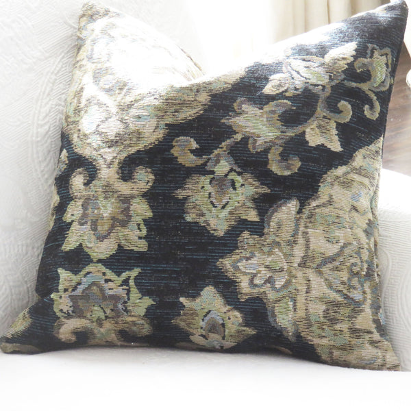 black floral medallion pillow cover with gold, blue, green tones