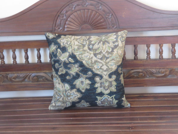 black floral medallion pillow cover with gold, blue, green tones