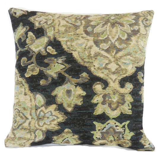 black floral medallion pillow cover with gold, blue, green tones