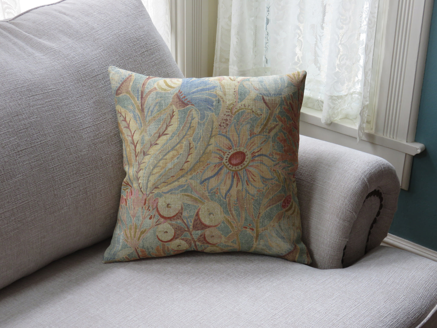 Colorful Fantasy Floral PIllow Cover in Blue, Orange, Gold, Aqua