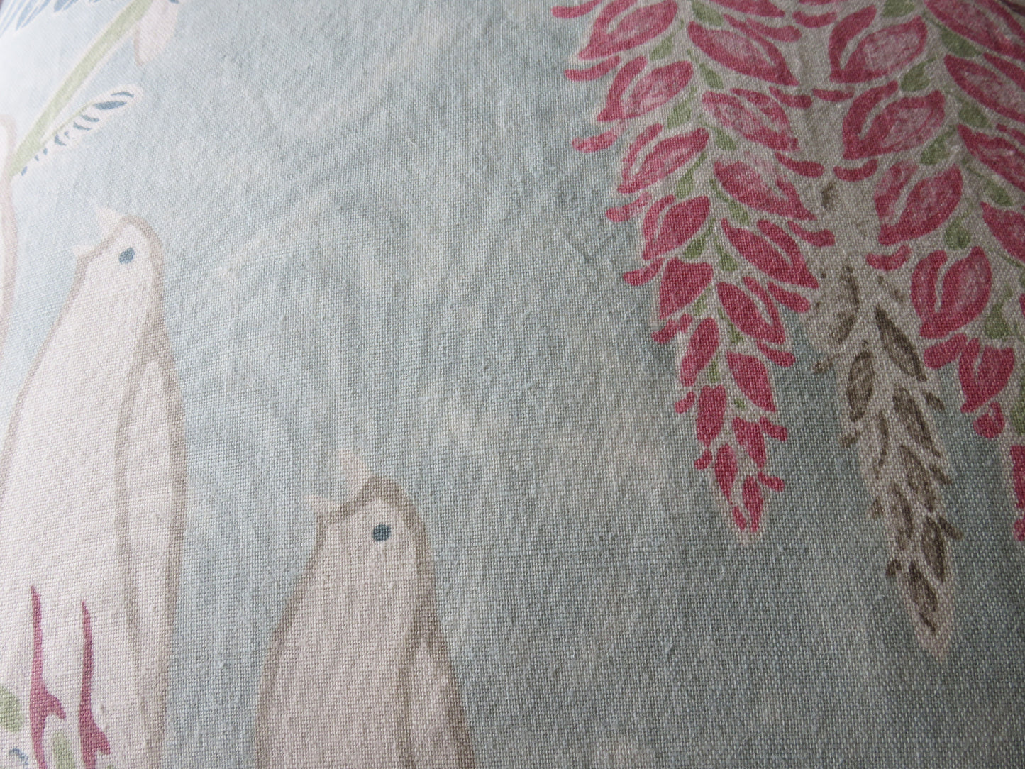 blue bird acquitaine linen pillow cover in aqua with doves and wisteria