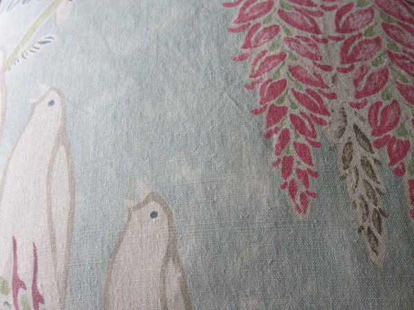 blue bird acquitaine linen pillow cover in aqua with doves and wisteria