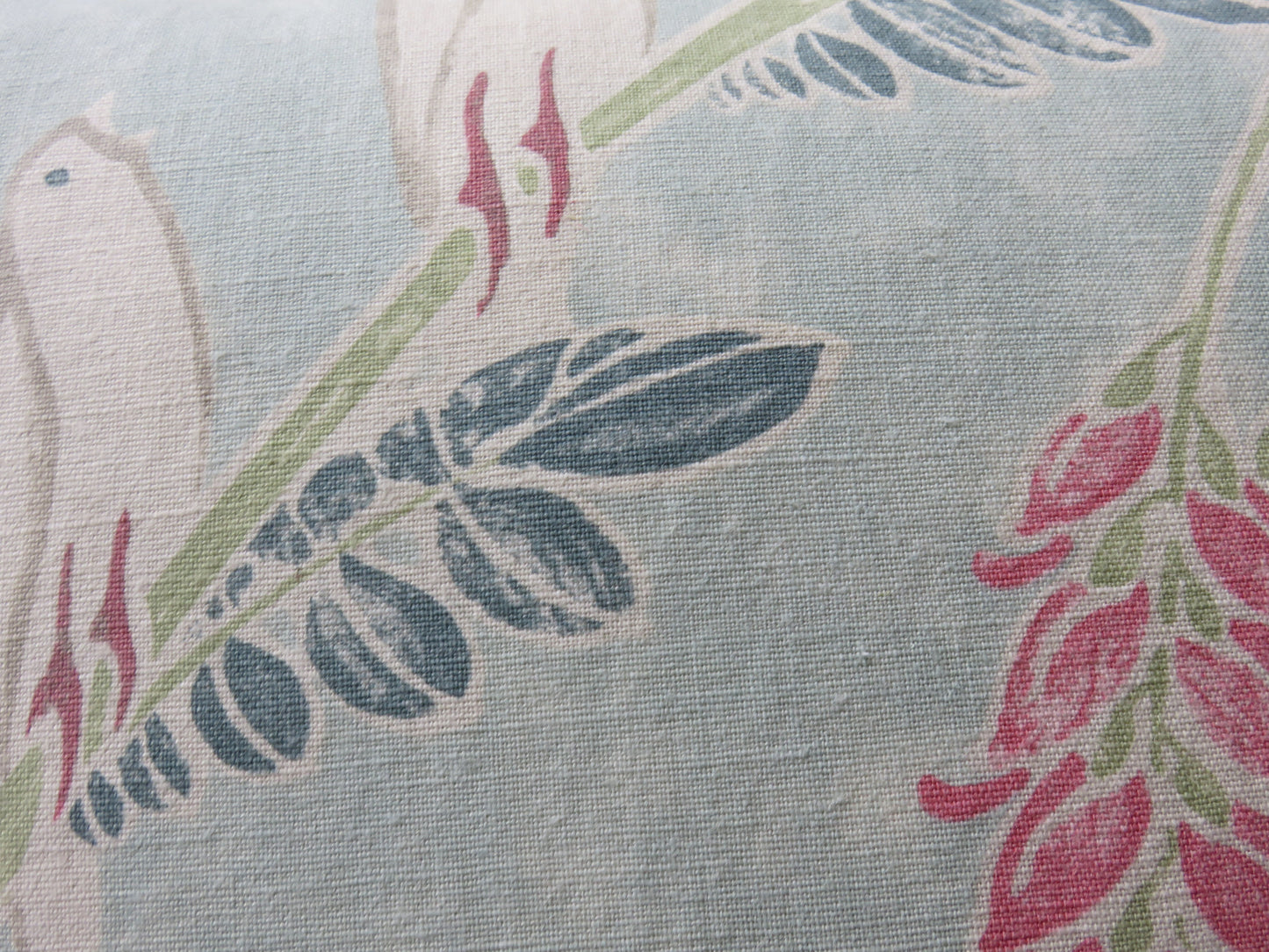 blue bird acquitaine linen pillow cover in aqua with doves and wisteria