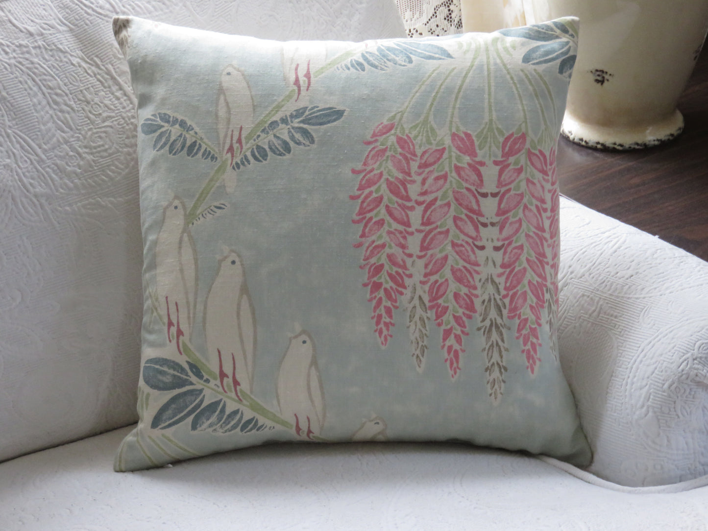 blue bird acquitaine linen pillow cover in aqua with doves and wisteria