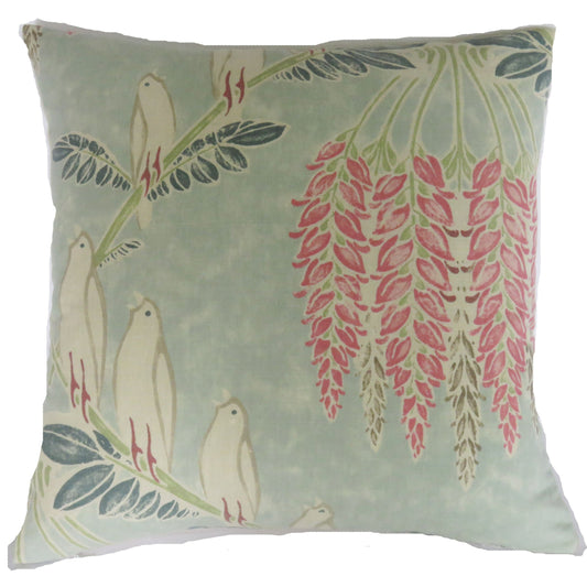 blue bird acquitaine linen pillow cover in aqua with doves and wisteria