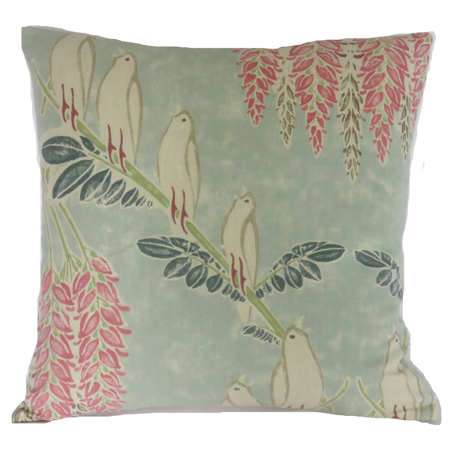 blue bird acquitaine linen pillow cover in aqua with doves and wisteria