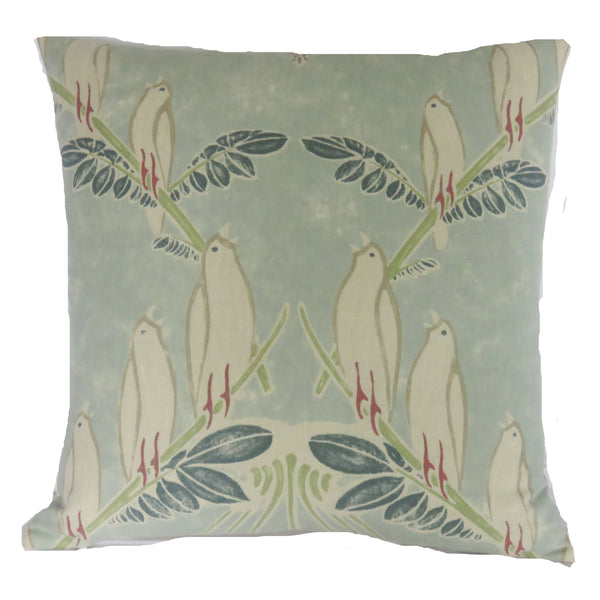 blue bird acquitaine linen pillow cover in aqua with doves and wisteria