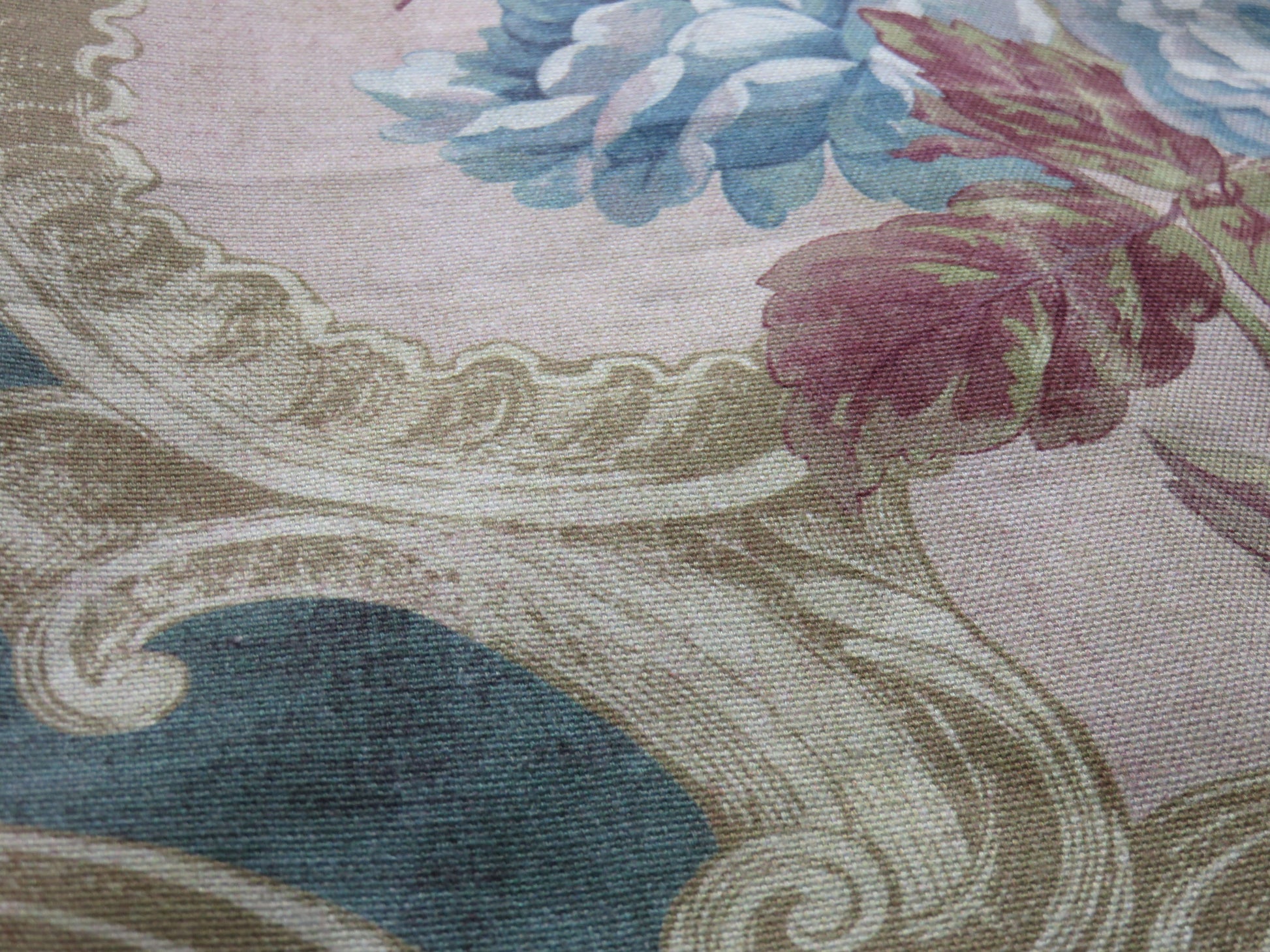 blue roses floral pillow cover on aqua cotton with a rococo style