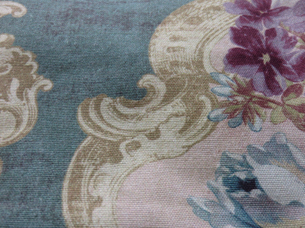 blue roses floral pillow cover on aqua cotton with a rococo style