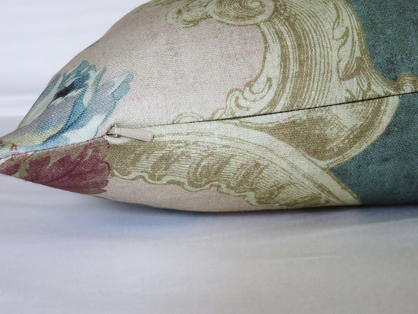 blue roses floral pillow cover on aqua cotton with a rococo style