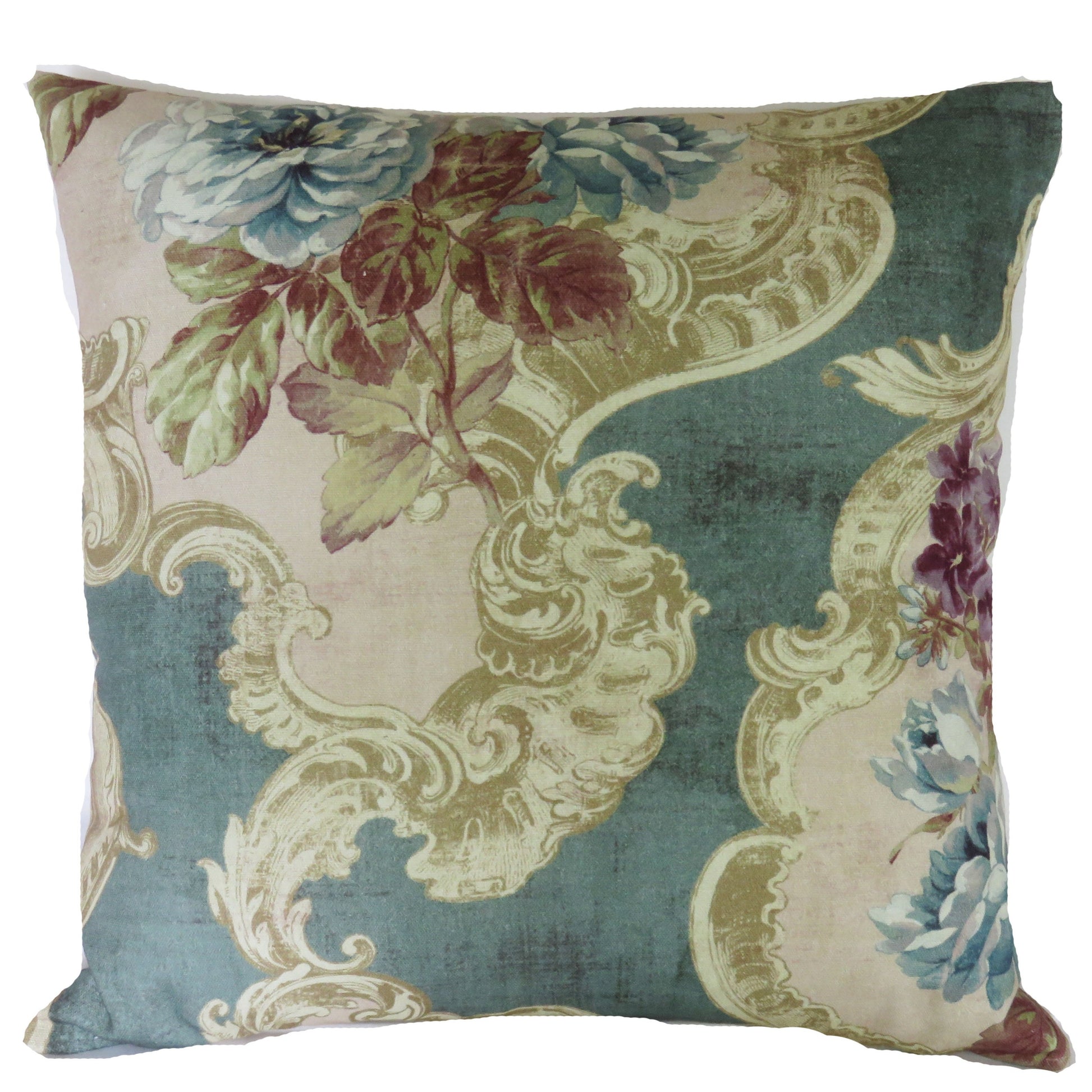 blue roses floral pillow cover on aqua cotton with a rococo style