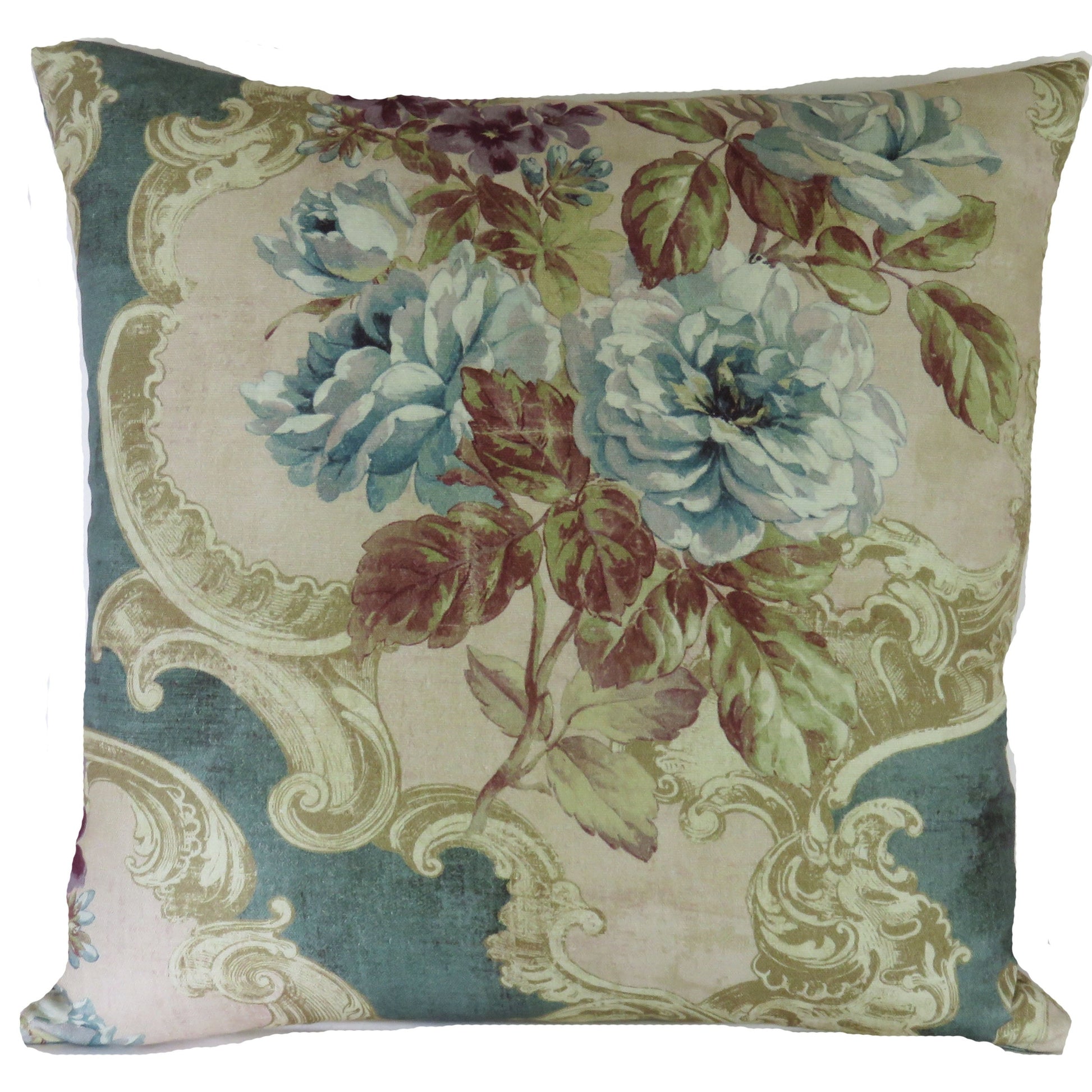 blue roses floral pillow cover on aqua cotton with a rococo style