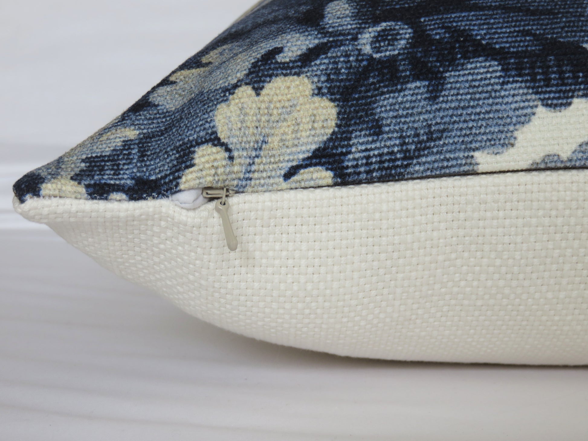 blue oak leaves pillow cover made from high end bois de chene cotton print in Ultramarine